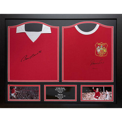 Manchester United FC Dual Framed Charlton & Law Signed Shirts Image 1